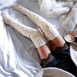 Χειμερινές Πλεκτές Κάλτσες με μεγάλο μήκος Μπεζ - One Size