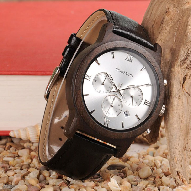 Ρολόι Bamboo Silver Luxury με Μαύρο Δερμάτινο Λουράκι + Ξύλινη Συσκευασία Δώρου