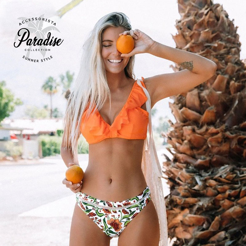Μαγιό Tropical Orange με Βολάν - Paradise 2020