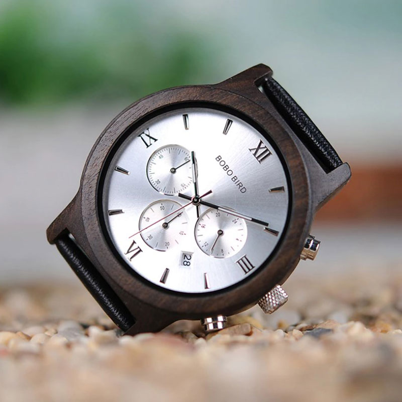 Ρολόι Bamboo Silver Luxury με Μαύρο Δερμάτινο Λουράκι + Ξύλινη Συσκευασία Δώρου