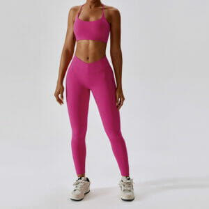 Fitness Set Αθλητικό Κολάν και Μπουστάκι με Χιαστί Τιράντες Ροζ/Magenta (A0102)