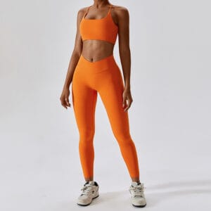 Fitness Set Αθλητικό Κολάν και Μπουστάκι με Χιαστί Τιράντες Πορτοκαλί (A0102)