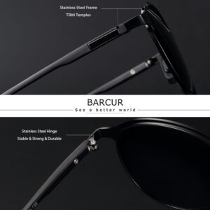 BARCUR - Γυαλιά Ηλίου Round Stainless Μαύρος Σκελετός & Μαύρος Φακός Polarized (8622)