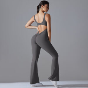 Fitness Ολόσωμη Αθλητική Φόρμα V Καμπάνα με Τιράντες Γκρι (A6667)
