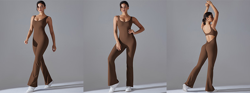 Fitness Ολόσωμη Αθλητική Φόρμα V Καμπάνα με Τιράντες Καφέ (A6667)