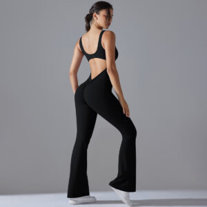 Fitness Ολόσωμη Αθλητική Φόρμα V Καμπάνα με Τιράντες Μαύρο (A6667)