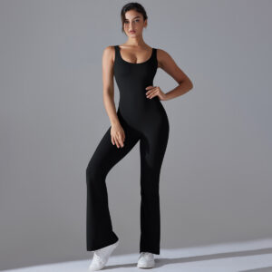 Fitness Ολόσωμη Αθλητική Φόρμα V Καμπάνα με Τιράντες Μαύρο (A6667)