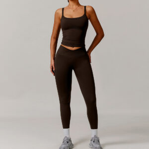 Fitness Set Αθλητικό Κολάν Και Μπλουζάκι Με Ραντάκι Καφέ (A5036)