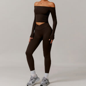 Fitness Set Αθλητικό Κολάν και Μακρυμάνικο Μπλουζάκι Καφέ (A5036)
