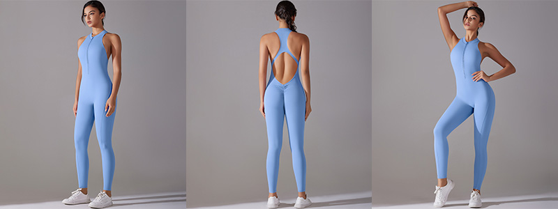 Fitness Ολόσωμη Αθλητική Φόρμα V Με Χιαστή Τιράντες Και Φερμουάρ Στο Μπούστο Baby Blue (A6661)