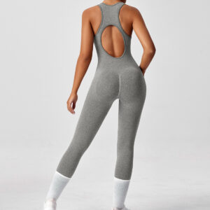 Fitness Ολόσωμη Αθλητική Φόρμα Με Εξώπλατες Χιαστή Τιράντες Και Φερμουάρ Στο Μπούστο Γκρι (BX004)