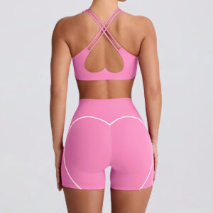 Fitness Set Αθλητικό Κολάν Heart και Μπουστάκι Με Διπλές Χιαστί Τιράντες Σε Σχήμα Καρδιάς Ροζ Biker Set (K5007)