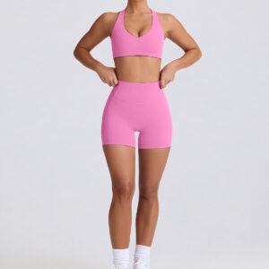 Fitness Set Αθλητικό Κολάν Heart και Μπουστάκι Με Διπλές Χιαστί Τιράντες Σε Σχήμα Καρδιάς Ροζ Biker Set (K5007)