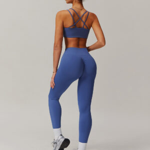 Fitness Set Αθλητικό Κολάν Ψηλόμεσο Και Μπουστάκι Με Διπλές Χιαστί Τιράντες Μπλε (A4001)
