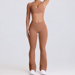 Fitness Set Αθλητικό Ψηλόμεσο Cabana Κολάν Και Μπουστάκι Με Διπλές Χιαστί Τιράντες Σε Σχήμα Καρδιάς Καφέ (B6006)