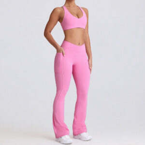 Fitness Set Αθλητικό Ψηλόμεσο Cabana Κολάν Και Μπουστάκι Με Διπλές Χιαστί Τιράντες Σε Σχήμα Καρδιάς Ροζ (B6006)