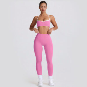 Fitness Set Αθλητικό Ψηλόμεσο Κολάν Heart Και Μπουστάκι Με Χιαστί Τιράντες Ροζ (B6001)