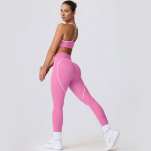 Fitness Set Αθλητικό Ψηλόμεσο Κολάν Heart Και Μπουστάκι Με Χιαστί Τιράντες Ροζ (B6001)