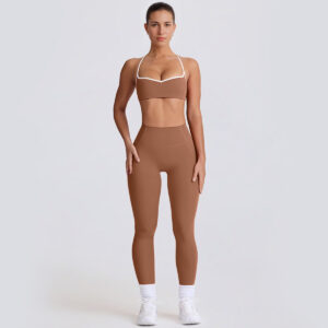 Fitness Set Αθλητικό Ψηλόμεσο Κολάν Heart Και Μπουστάκι Με Χιαστί Τιράντες Καφέ (B6001)