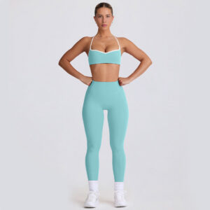 Fitness Set Αθλητικό Ψηλόμεσο Κολάν Heart Και Μπουστάκι Με Χιαστί Τιράντες Τιρκουάζ (B6001)