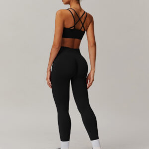 Fitness Set Αθλητικό Κολάν Ψηλόμεσο Και Μπουστάκι Με Διπλές Χιαστί Τιράντες Μαύρο (A4001)
