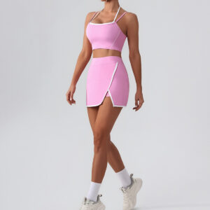 Tennis Set Ψηλόμεση Φούστα Skorts με Σορτσάκι Και Μπουστάκι Με Διπλές Τιράντες Ροζ (YW540)
