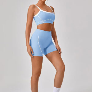 Fitness Set Αθλητικό Κολάν και Μπουστάκι Με Λευκές Τιράντες Και Γραμμές Μπλε Biker Set (YW512)