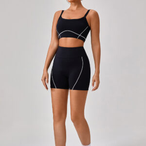 Fitness Set Αθλητικό Κολάν και Μπουστάκι Με Λευκές Τιράντες Και Γραμμές Μαύρο Biker Set (YW512)